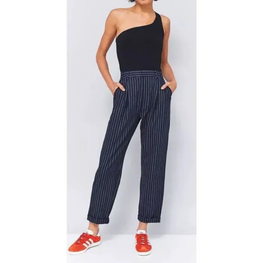 Light Before Dark Size XS Navy w/White Pinstripe Pleated Front Ankle Trousers